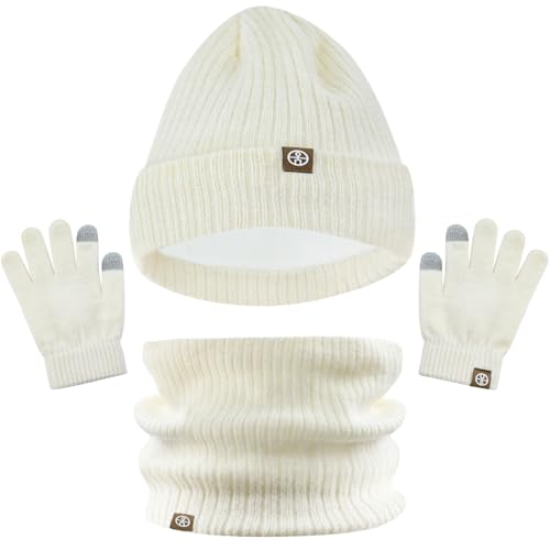 LINSOCLE 3 in1 Kinder Wintermütze Schal Handschuhe Set, Mädchen Winter Beanie Handschuhe Runder Schal Set für Kinder 5-12 Jahre von LINSOCLE