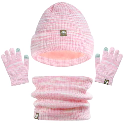 LINSOCLE 3 in1 Kinder Wintermütze Schal Handschuhe Set,Mädchen Winter Beanie Hut Schal Handschuhe Set,Mädchen Strickmütze für Kinder 5-12 Jahre von LINSOCLE
