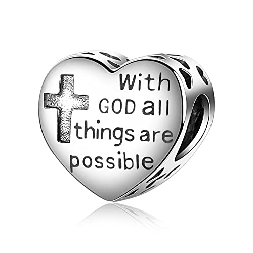 Kreuz Charms 925 Sterling Silber Herz Charm Anhänger für Pandora Europäisches Armband With God All Things Are Possible Religiöse Perlen Schmuck Geschenk von LINSTER