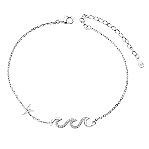 Welle Fußkettchen S925 Sterling Silber Zirkonia Wave Seestern Sommer Barfuß Strand Fusskette Verstellbar Fußkette Schmuck Geschenk für Damen von LINSTER