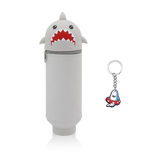 LINTRA Weiche Silikontasche Mäppchen, 2-in-1 Stand up Federmäppchen, Verstellbar Stifte Mäppchen Tiere, Grau Schlampermäppchen, mit Haifischanhänger, für Schule und Büro von LINTRA