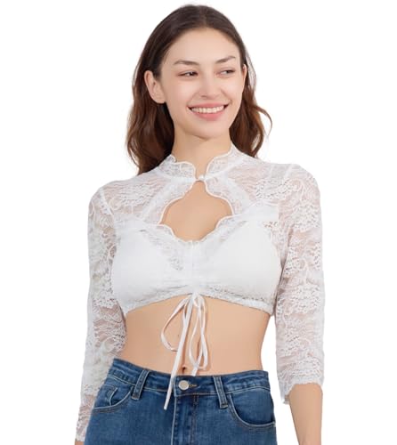 LINUCKER Dirndl Bluse Damen Dirndlbluse Spitze Trachtenbluse Langarm Dirndlblusen Elegante Spitzenbluse Oktoberfest Tracht Blusen Weiß L von LINUCKER