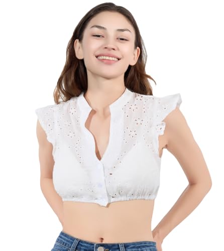 LINUCKER Dirndl Bluse Damen Flügelärmel Dirndlbluse V Ausschnitt Trachtenbluse Weiß Kurzarm Dirndlblusen Elegante Spitzenbluse Oktoberfest Tracht Blusen XL von LINUCKER