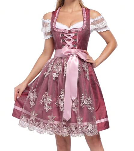 LINUCKER Dirndl Damen Dirndlkleid Midi Trachtenkleid 3 Teilig Dirndl-Sets inkl. Dirndlbluse Trachtenrock Schürze Komplettset Schlicht Rot mit Rosa Kleid für Oktoberfest 36 von LINUCKER