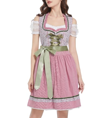 LINUCKER Dirndl Damen Midi Dirndlkleid Trachtenkleid 3 Teilig Dirndl-Sets inkl. Dirndlbluse Schürze Komplettset Lebendige Kleid für Oktoberfest Frische Lila Grün mit Kariert Trachtenrock 40 von LINUCKER
