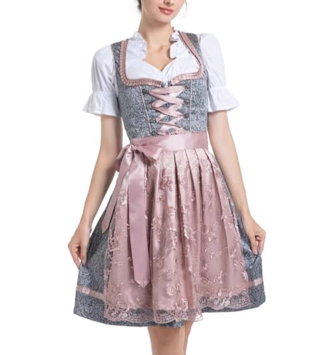 LINUCKER Dirndl Damen Midi Dirndlkleid Trachtenkleid 3 Teilig Dirndl-Sets inkl. Dirndlbluse Trachtenrock Schürze Komplettset Schlicht Kleid für Oktoberfest Klassische Grau Rosa 40 von LINUCKER