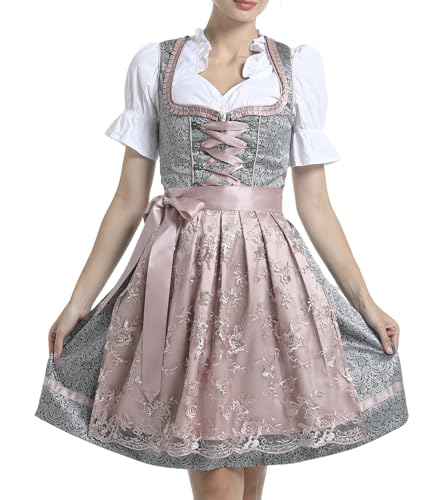 LINUCKER Dirndl Damen Midi Dirndlkleid Trachtenkleid 3 Teilig Dirndl-Sets inkl. Dirndlbluse Trachtenrock Schürze Komplettset Schlicht Kleid für Oktoberfest Klassische Grau Rosa 42 von LINUCKER