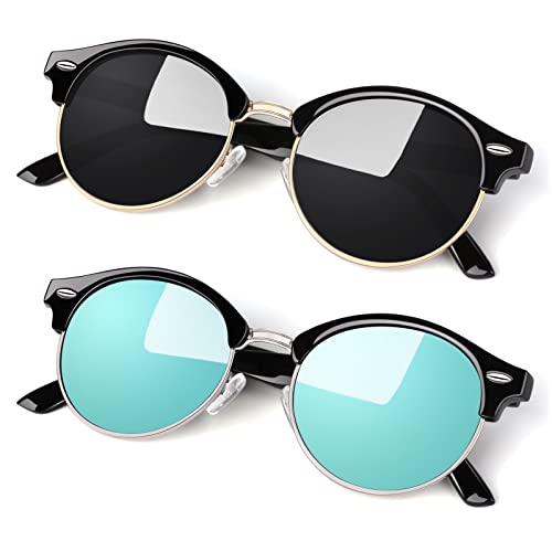 LINVO Polarisiert Sonnenbrille Herren Damen Retro Rund Klassisch Halbrahmen 100% UV400 für Reisen, Fahren und Angeln von LINVO