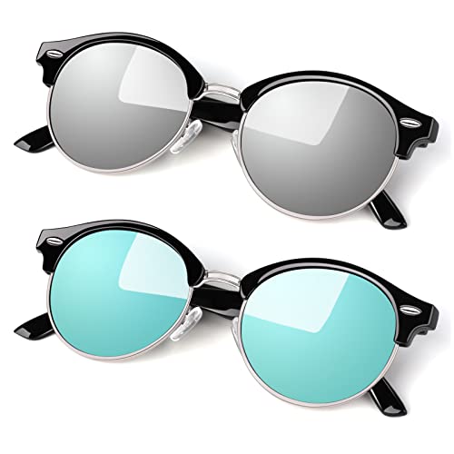 LINVO Polarisiert Sonnenbrille Herren Damen Retro Rund Klassisch Halbrahmen 100% UV400 für Reisen, Fahren und Angeln von LINVO