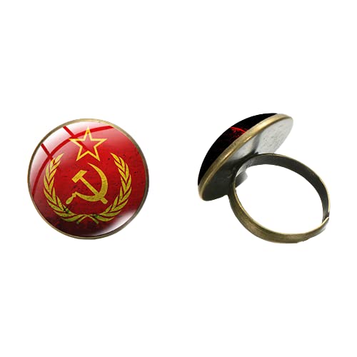 Antike Bronze CCCP Russland Emblem Sichel Hammer Ring UdSSR Sowjetkunst Bild Glas Cabochon Ringe für Frauen Männer Souvenirs von LINWEN