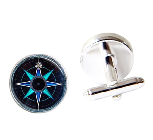 Easter Direct Sale Manschettenknöpfe für Hemden, Krawatte, Kompass, Rose, Manschettenknöpfe in Marineblau und Aqua, runde Manschettenknöpfe von LINWEN