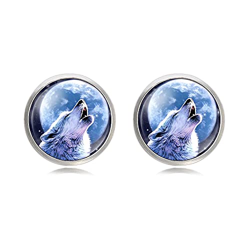 Modische Manschettenknöpfe mit Mondwolf, Punk-Stil, Glastier, Wikinger, nordischer Wolf, handgefertigt, exquisite Manschettenknöpfe von LINWEN