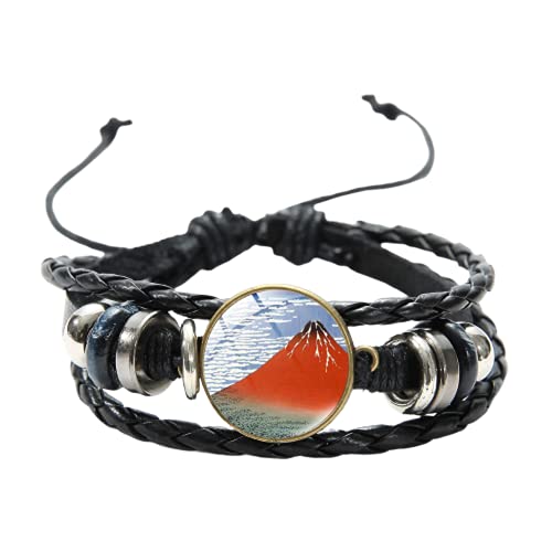 Mount Fuji Japan Armband Armreif Fischerdörfer Retro Malerei Glas Cabochon Holzperlen Leder Armband Kollektion von LINWEN