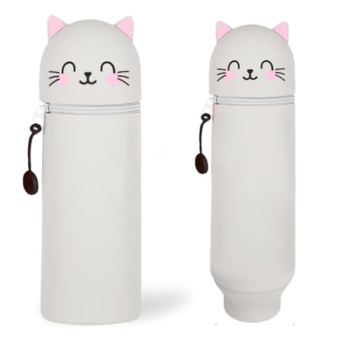 LINYIJOY Silikon Federmäppchen 2-in-1 Katze Kawaii Federmäppchen, Cartoon Federmäppchen Weiche Silikontasche Tier Stifthalter Stand Up Federmäppchen, Stifte Mäppchen für Mädchen Jungen (graue) von LINYIJOY