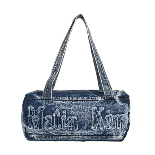 LIOEUE Damen Schultertasche Denim mit Stickerei - Doppelt Verstellbarer Gurt, Robuster Baumwollstoff Streetstyle Praktisch (blau,34 × 15 × 14 cm) von LIOEUE