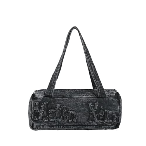 LIOEUE Damen Schultertasche Denim mit Stickerei - Doppelt Verstellbarer Gurt, Robuster Baumwollstoff Streetstyle Praktisch (schwarz,34 × 15 × 14 cm) von LIOEUE