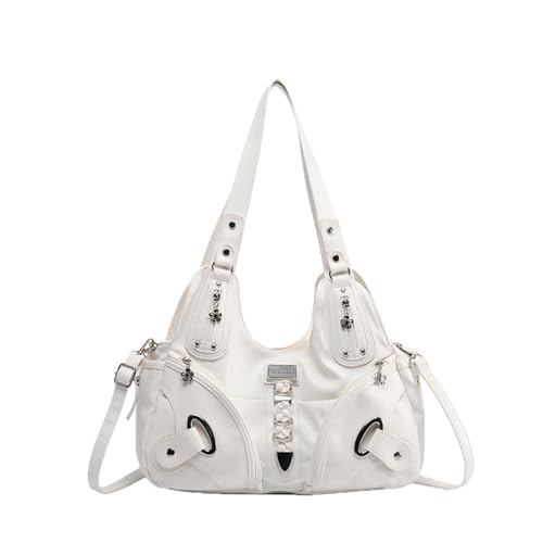 Premium PU Leder Hobo Schultertasche, Doppelt Verstellbar Vintage, Strukturierte Tägliche Umhängetasche Mit Reißverschluss (Weiß,35 × 10 × 20 cm) von LIOEUE