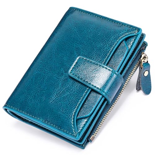 Vintage Oil Wax Leather Wallet Ladies Short Bifold with Zipper, Multi-Card Slots, Turquoise von LIOEUE