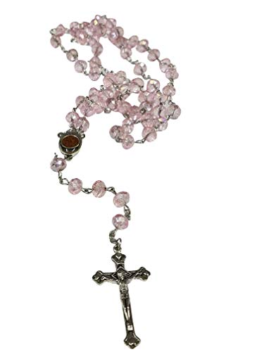 LION OF JUDAH MARKET Hellrosa Kristallperlen Rosenkranz katholische Halskette Heilige Erde Medaille & Kruzifix von LION OF JUDAH MARKET