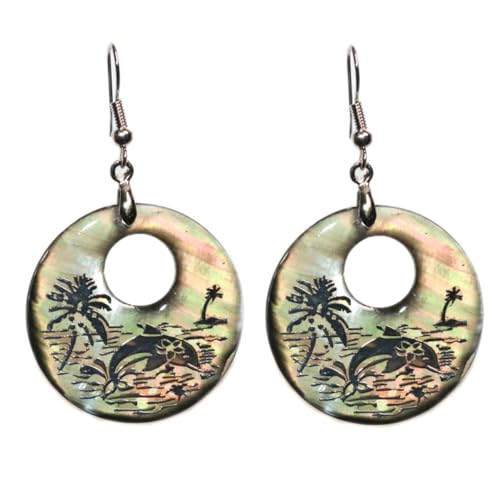 LIOOBO Abalone Muschel Ohrringe für Frauen Runde Dangler mit Delfinmuster Natürlicher Schmuck Muschel für Mädchen Ohrhänger für Jeden Anlass von LIOOBO