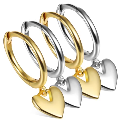 LIOOBO 2 Paare Herzform Creolen Ohrringe mit Liebesanhänger Kleine Ohrringe für Damen Modischer Schmuck Gold und Silber Perfektes für Besondere Anlässe von LIOOBO