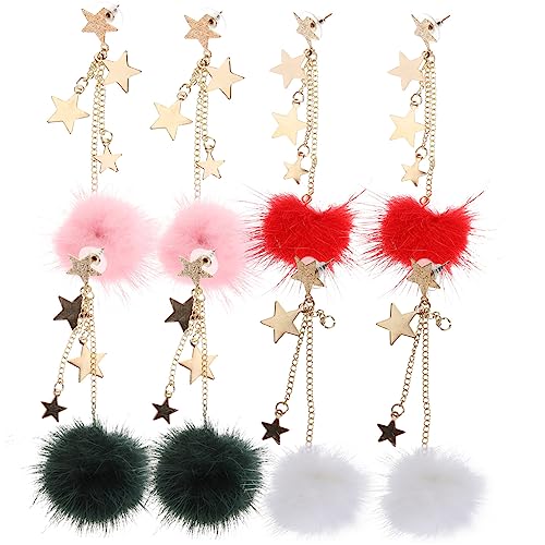 LIOOBO 4 Paare Pom Pom Ohrhänger mit Fellbällchen Bunte Quasten Ohrringe Modische Fünfzackige Stern designs Leichte Dangle Ohrschmuck für Damen und Mädchen Vielseitig Kombinierbar von LIOOBO