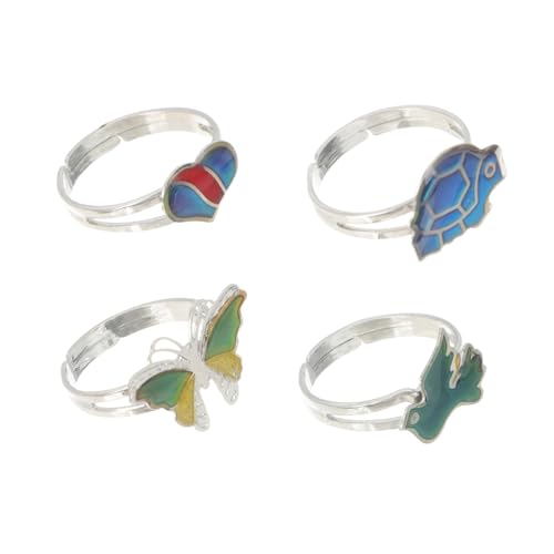 LIOOBO 4 Stück Thermochromatischer Ring Verstellbare Farbwechselringe Cartoon Tiermotive Stimmungsring für Mädchen Modischer Finger Schmuck für Alltag und Party Zufällige Zufällige Farbe von LIOOBO