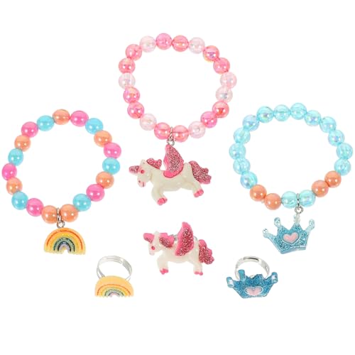 LIOOBO Perlenarmband Für Kinder 6 Stück Schmuckset Mit Bunten Kunststoffperlen Selbstgemacht Armbänder Und Ringe Für Mädchen Für Geburtstage Und Feiern von LIOOBO