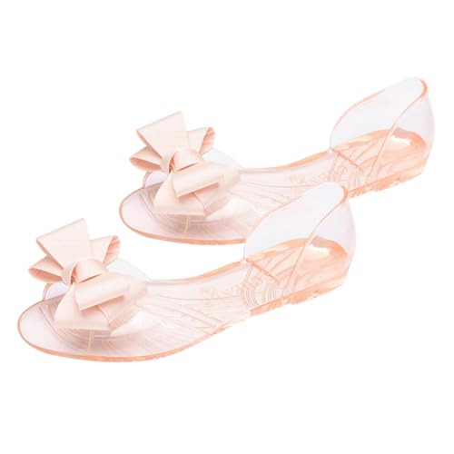 LIOOBO Beige Flache Bowknot Sandalen Damen Sommer Schuhe Atmungsaktive Jelly Sandalen Leichte Strandpantoletten Modisch und Einfach Anzuziehen für und Urlaub von LIOOBO