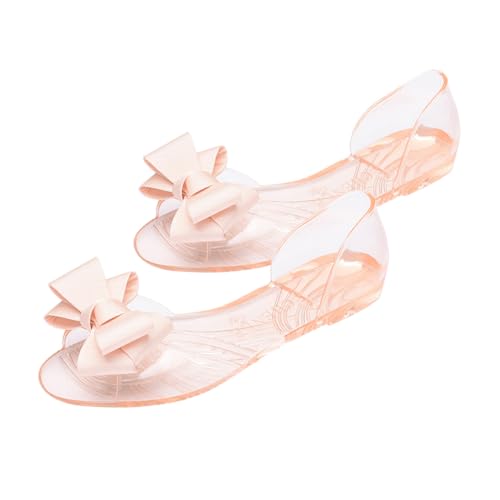 LIOOBO Beige Flache Damen Sandalen Bowknot Sommer Strandschuhe aus Langlebigem Material Atmungsaktiv und Einfach Anzuziehen für Freizeit und Strand von LIOOBO