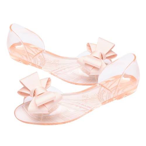 LIOOBO Damen Flache Jelly Sandalen mit Schleife Sommer Strandschuhe Langlebig Beige Geeignet für Freizeit Strand und Alltag von LIOOBO