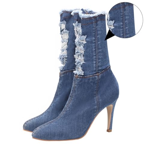 LIOOBO Damen High Heeled Boots aus Denim mit Ultra-dünnem Absatz Elastischem Material für Herbst und Winter Modische Schlanke Stiefeletten in Hellblau von LIOOBO
