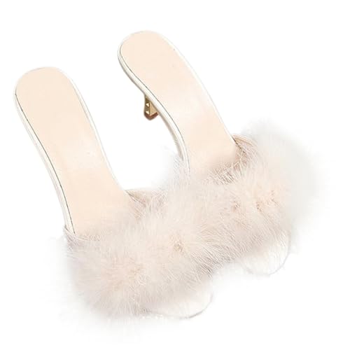 LIOOBO Damen High heel Slipper Weiß beige Elegante Rutschfeste Sommerpantoffeln mit Feinem Absatz Bequem und Modisch Zarte Pelzoptik Langlebig und Leicht für Damen von LIOOBO