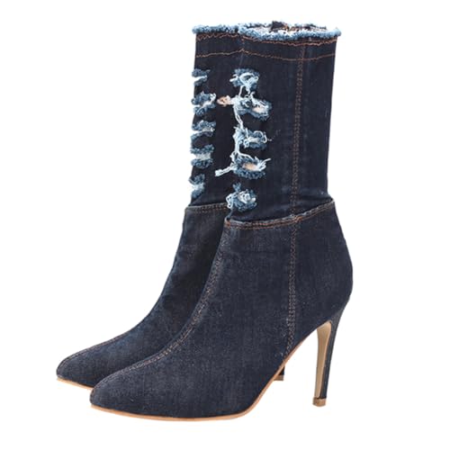 LIOOBO Damen High-heeled Stiefel mit Dünnem Absatz und Elastischem Denim Modische Herbst Winter Boots Schlanke Vielseitige Rutschfeste Stiefeletten in Dunkelblau von LIOOBO