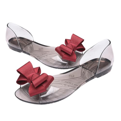 LIOOBO Damen Jelly Flats Sandalen Rot Flache Sommer Sandalen mit Schleife Atmungsaktiv Kreatives Design für Strand und Alltag Modische Frauenschuhe von LIOOBO