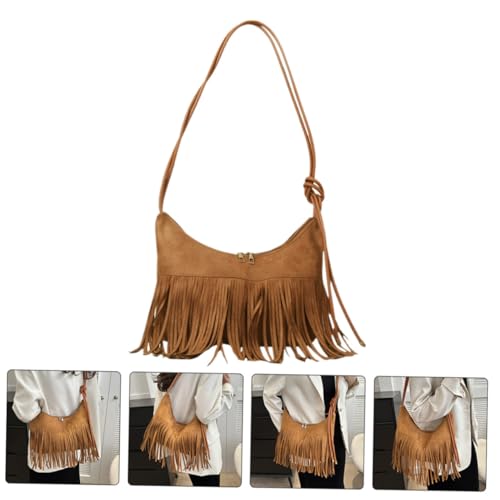 LIOOBO Damen Schultertasche mit Quasten Leichte Umhängetasche für Outdoor Shopping und Party Vielseitige Telefon und Alltagsaufbewahrung Braune Vintage Tasche Arm von LIOOBO