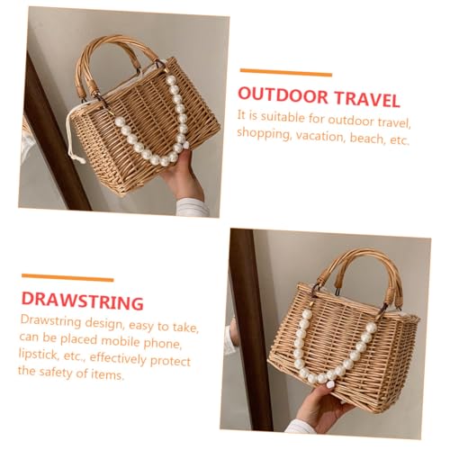 LIOOBO Damen Strohtasche mit Perlendekor Strandtasche Geflochten Leichte Handtasche für Outdoor Urlaub und Shopping Langlebig und Tragbar im Ländlichen Stil von LIOOBO