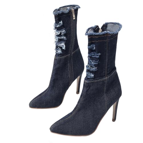 LIOOBO Damenstiefel mit Hohem Absatz Elastisches Denim-material Rutschfeste Gummisohle Atmungsaktive Mikrofaser-einlegesohle Schlanker Stil für Herbst und Winter von LIOOBO