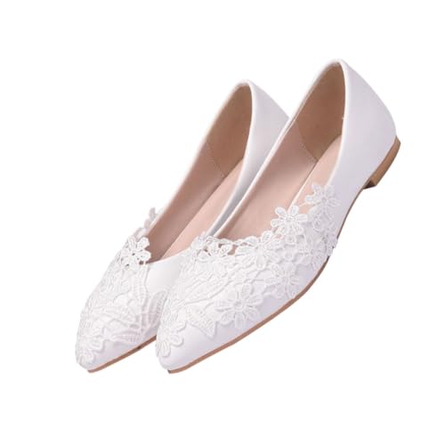 LIOOBO Flache Brautschuhe aus Spitzenmaterial Spitze Zehen und Strapazierfähig Weiße Damen Hochzeitsschuhe für Outdoor und Alltag Hochwertiges PU von LIOOBO