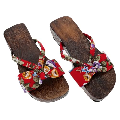 LIOOBO Flache Clogs Damen Holzsandalen Anti rutsch Sommerslipper Doppelriemen Rot Bequeme Fußbett Sandalen Für Alltag Arbeit Einkaufen von LIOOBO