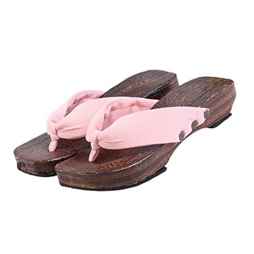LIOOBO Japanische Holzclogs Damen Sandalen mit Flacher Sohle Atmungsaktiv und Langlebig Modisch für Sommer Freizeit und Alltag in Zartem Rosa von LIOOBO