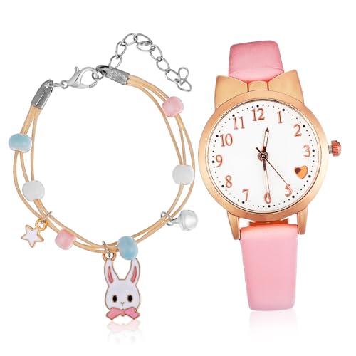 LIOOBO Kinderarmbanduhr Mit Zartem Hasen-armband Quarzuhr Für Mädchen Einfaches Ablesen Der Uhrzeit Präzise Zeitmessung Für Kleinkinder Armband Mit Perlen Und Anhängern von LIOOBO