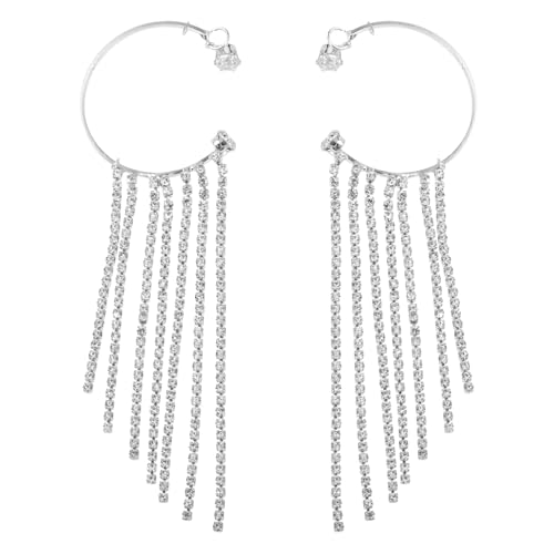 LIOOBO Lange Quasten Ohrclips Damen mit Funkelnden Strasssteinen Modische Ohrhänger ohne Ohrloch Silbernes Stylische Ohrpendants für Party und Alltag von LIOOBO