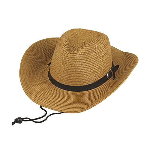 Männer Westlichen Cowboyhut Breiter Krempe Sonnencreme Hut Stroh Gewebt Hut mit Riemen im Freien Cowgirl Strand Sonnenhut Kostümzubehör (Khaki) von LIOOBO