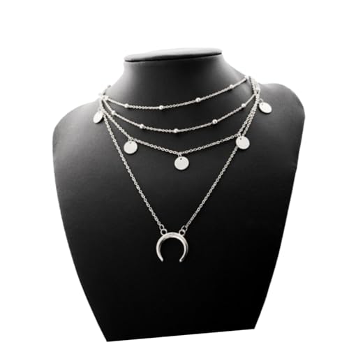 LIOOBO Multi Layer Mond Anhänger Halskette Silber Damen Kette Mit Rundperlen Schlichte Clavicle Schmuck Für Geburtstag Party von LIOOBO
