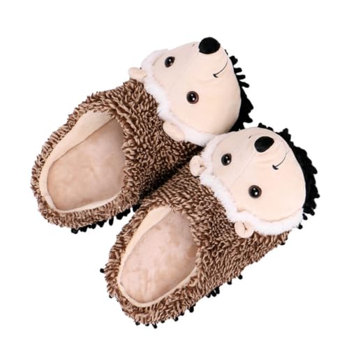 LIOOBO Plüschige Indoor Hausschuhe Damen und Mädchen Warm Gefüttert Rutschfest Cartoon Igel Design Weiche Winterpantoffeln Braun Komfortable Kuschelige Schuhe von LIOOBO