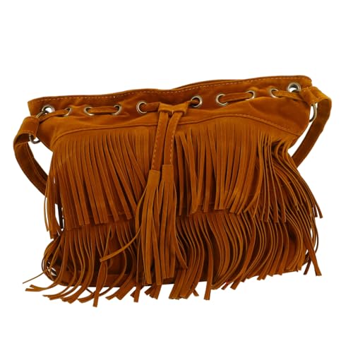 LIOOBO Retro Damen Schultertasche mit Fransen Verstellbar als Umhängetasche und Handtasche Braune Quastenbeutel im Vintage-stil Modische Crossbody Bag für Alltag und Freizeit von LIOOBO