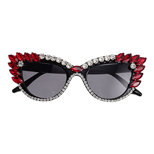 LIOOBO Rhinestone Sonnenbrille Damen Modisch Leicht PC material Partybrille mit Bequemen Nasenpads Rot Eleganter Look für Frauen und Freundinnen von LIOOBO
