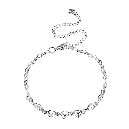 LIOOBO Silbernes Fußkettchen Mit Herz Und Engelsflügel-Design Modische Fußkette Aus Sterlingsilber Schlichtes Fußkettchen Für Frauen Geeignet Für Alltag Und Anlässe von LIOOBO