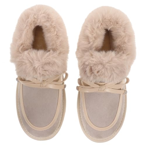 LIOOBO Warme rutschfeste Damen Hausschuhe mit Baumwollfutter Flache Winter Pantoffeln für Drinnen und Draußen Atmungsaktive Bequeme Schlafzimmer und Outdoor Schuhe in Khaki von LIOOBO